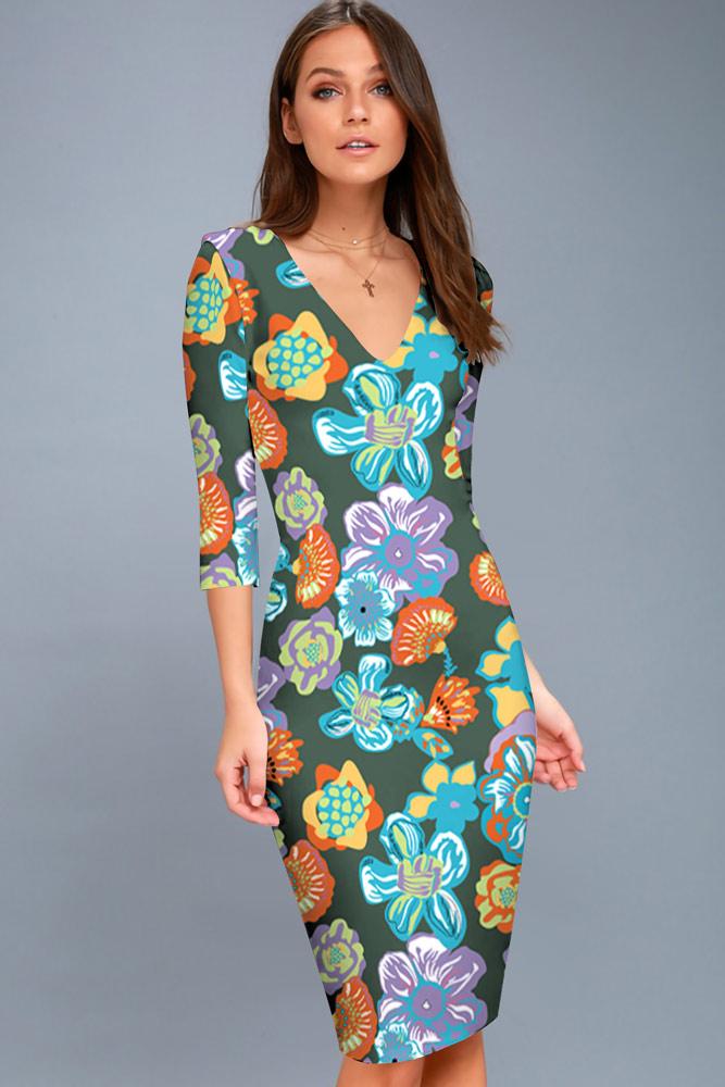 Robe Mi-Longue Moulante à Col en V Imprimé Floral Vert