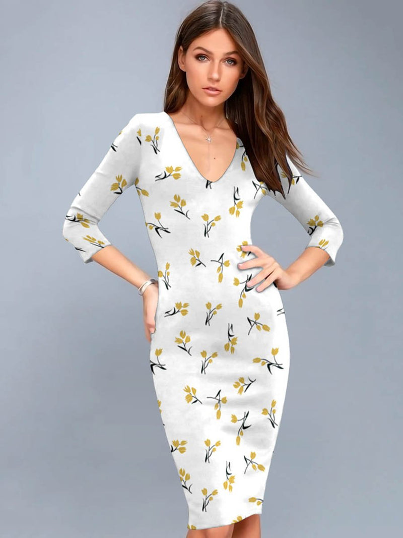 Robe Mi-Longue Moulante à Col en V Imprimé Floral Blanc