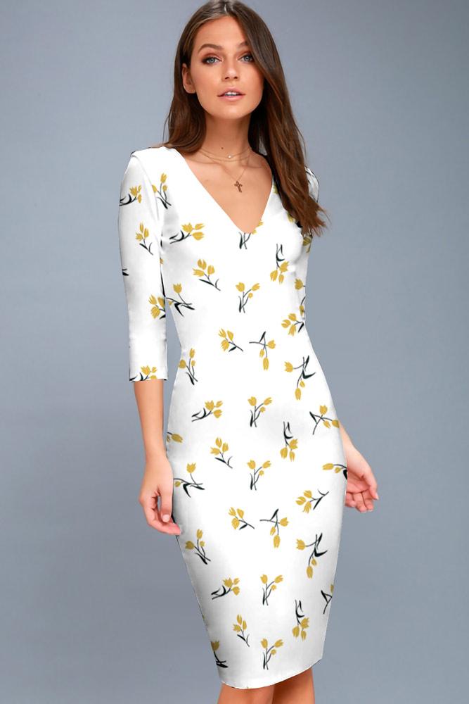 Robe Mi-Longue Moulante à Col en V Imprimé Floral Blanc