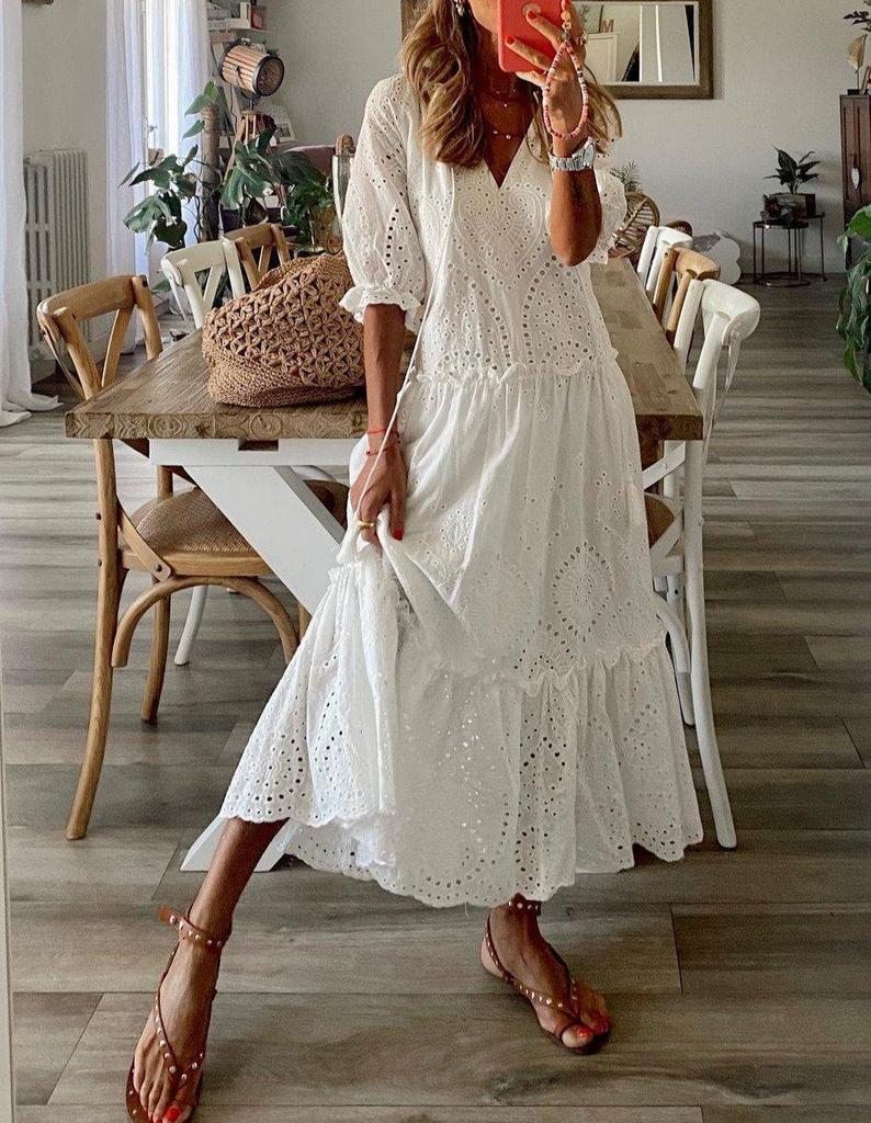 Robe Longue Blanc Romantique Manches Mi-longues