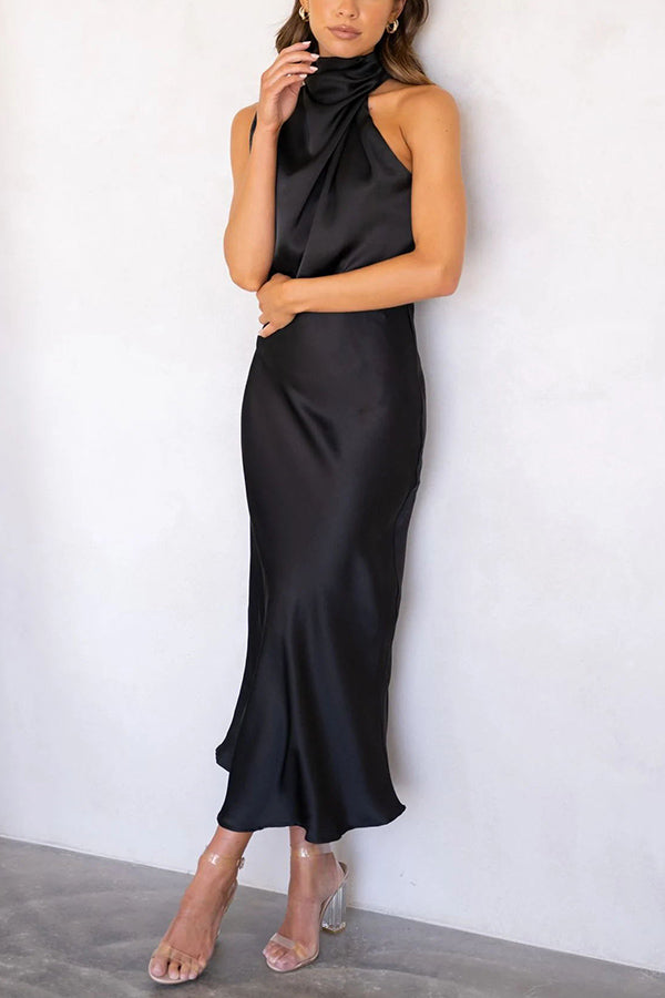 Perfectly Yours High Neck Satin Drape Maxi Dress