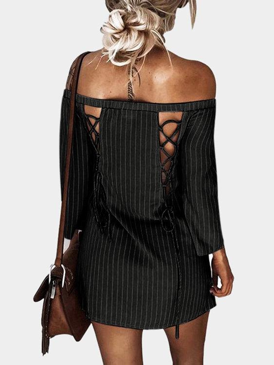 Sexy Off Shoulder Lace Up Stripe Patern Mini