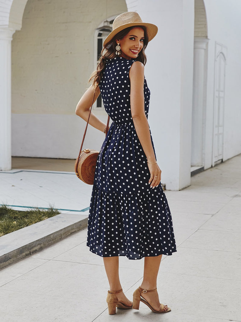 Robe Longue à Pois Col V et Nouer Devant