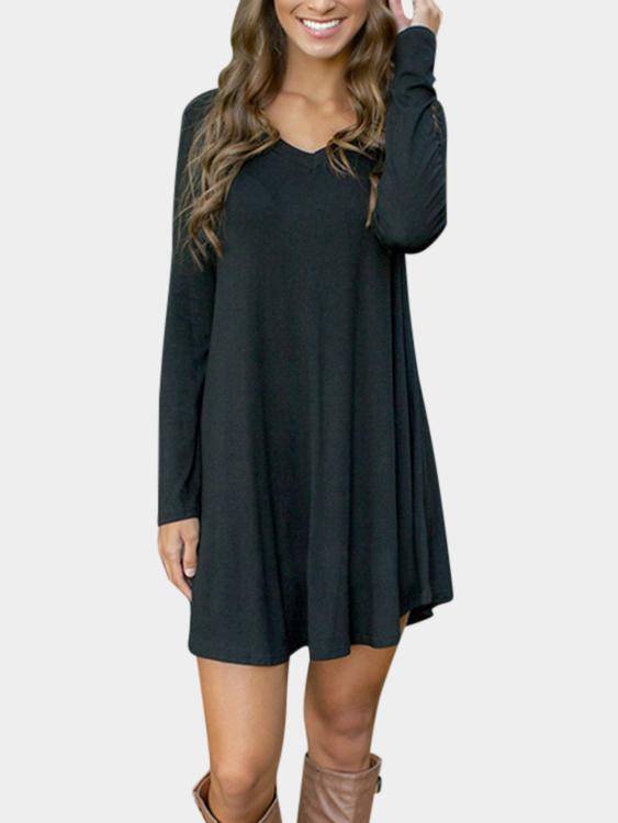 Mini Robe Noire Casual à Col en V