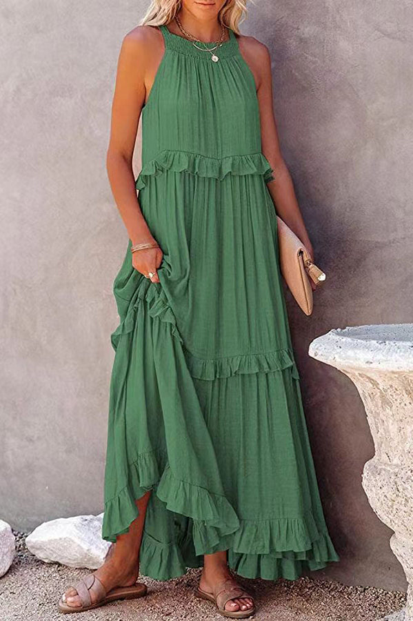 Vittoria Shirred Ruffle Tiered Maxi Halter Dress