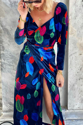 Midnight Paradise Colorful Leaves Velvet Wrap Dress