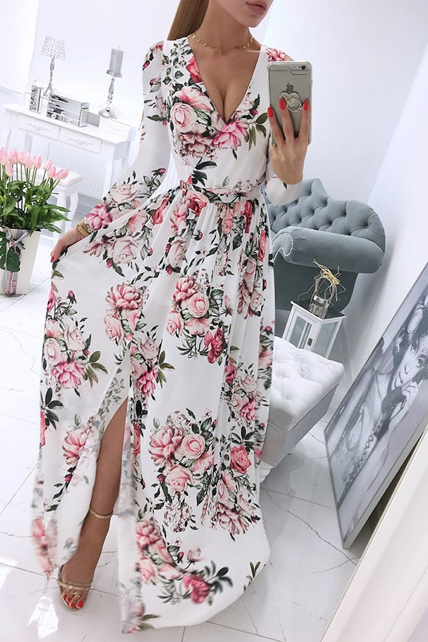 Robe Maxi Fendue Floral Col V Profond Manches Longues