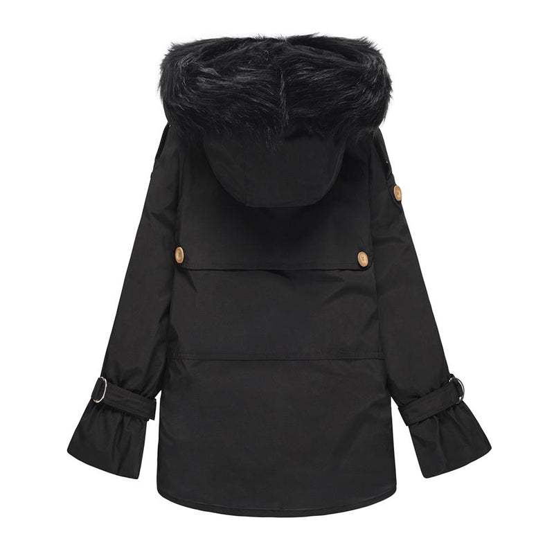 Manteau Veste avec Col en Fourrure et Poche Frontale Zippée