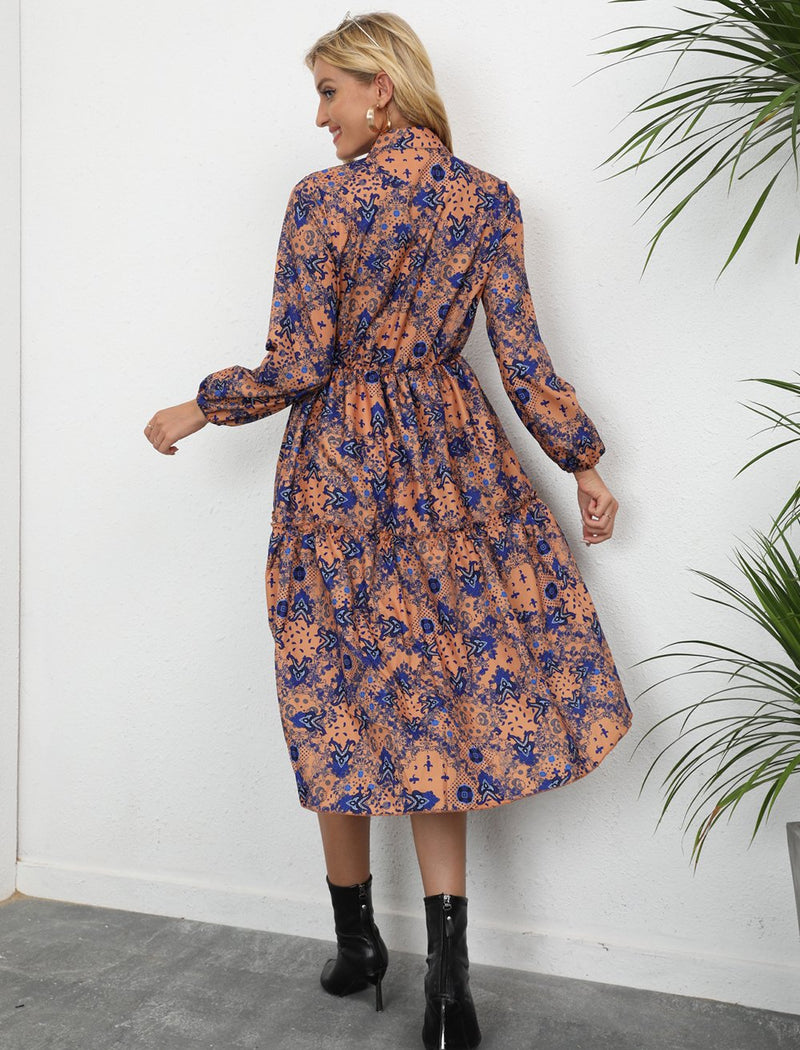 Robe Midi Décontractée à Fleurs Manches Longues