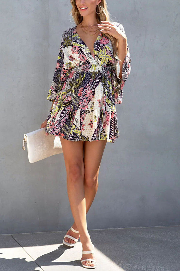 Last Minute Printed Bell Sleeve Mini Dress