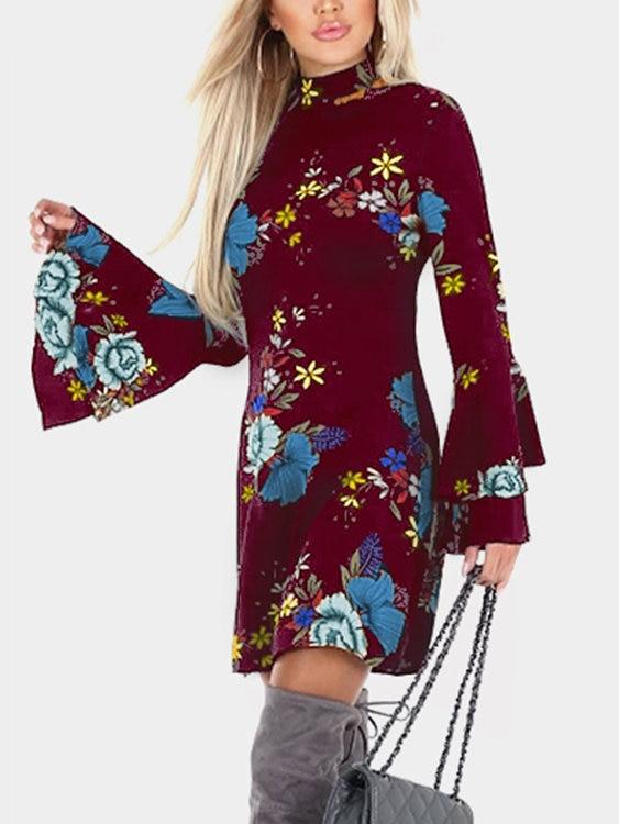 Random Floral Print Perkins Collar Flared Sleeves Mini Dress