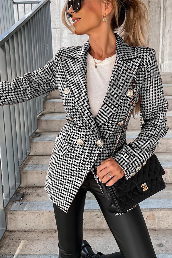 Out In NYC Double Breasted Houndstooth Blazer