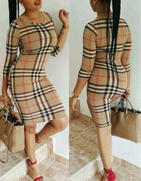 Robe Moulante Plaid Col Rond