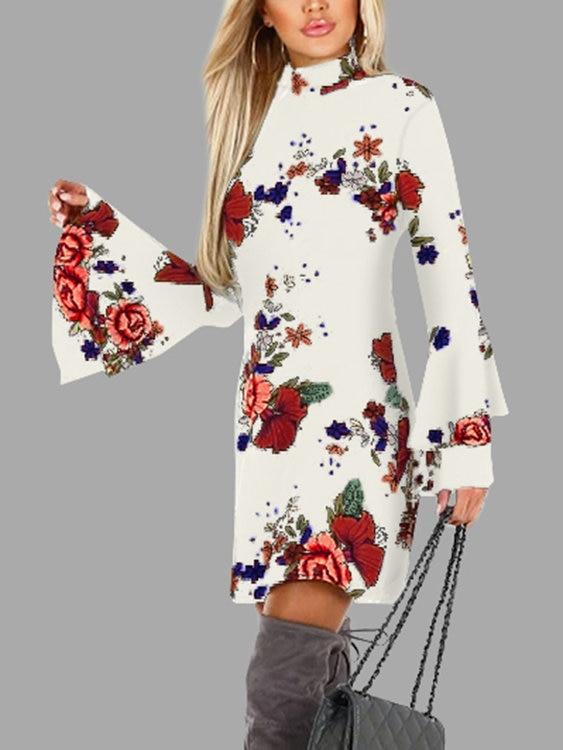 Random Floral Print Perkins Collar Flared Sleeves Mini Dress