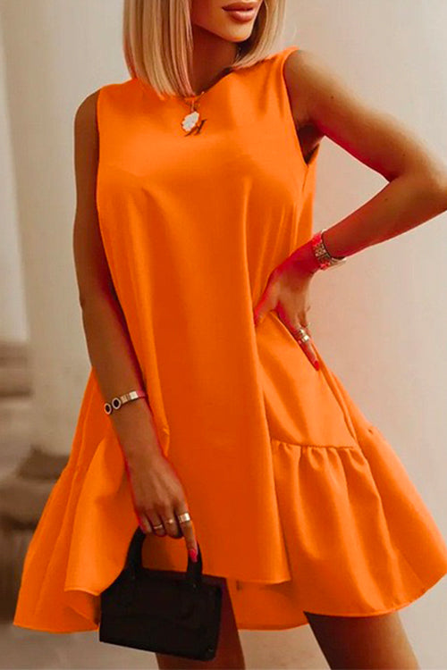 Crewneck Sleeveless Solid Ruffle Swing Dress