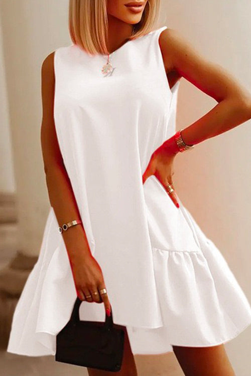 Crewneck Sleeveless Solid Ruffle Swing Dress