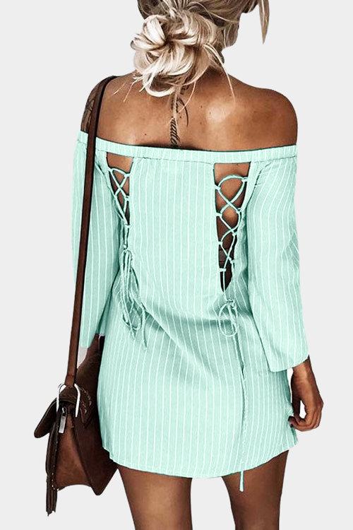 Sexy Off Shoulder Lace Up Stripe Patern Mini