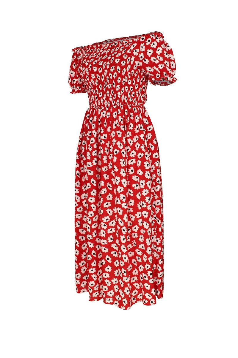 Robe Midi Floral Évasée à Épaules Dénudées