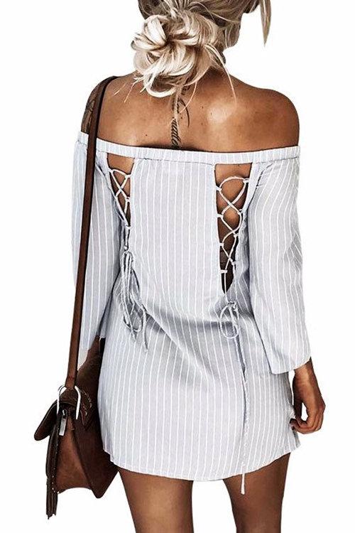 Sexy Off Shoulder Lace Up Stripe Patern Mini