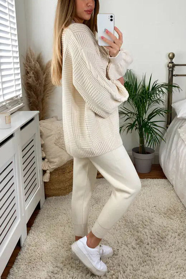 Cozy Island Pocketed Cable Knit Casual Loungewear Set