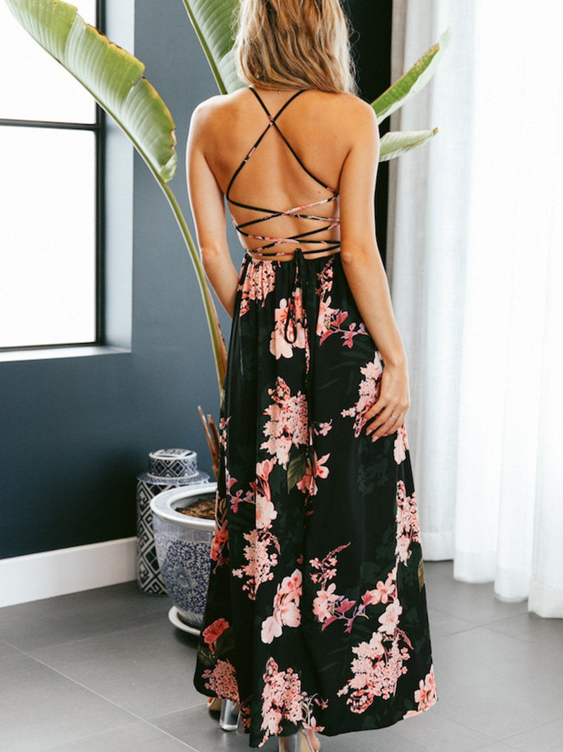 Robe Maxi Floral Sangle à Dos Nu et Fente Côté