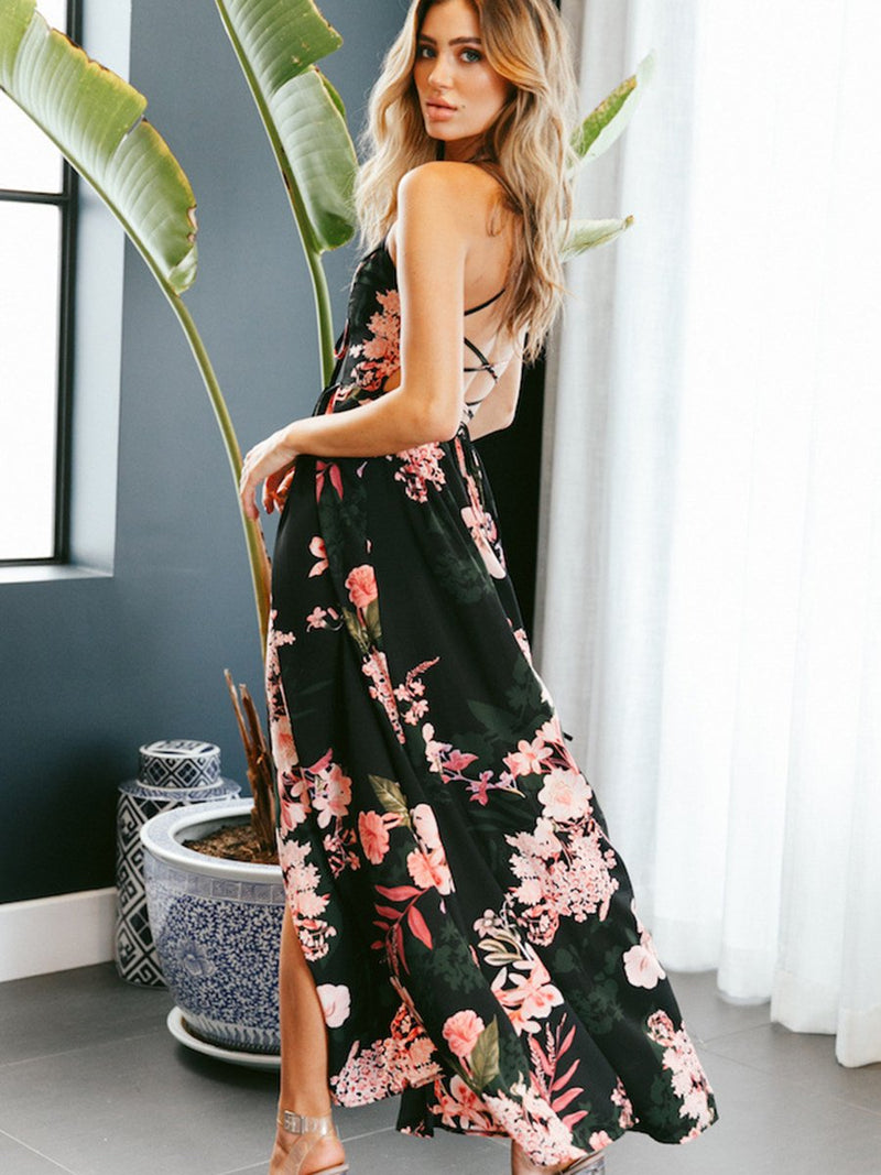 Robe Maxi Floral Sangle à Dos Nu et Fente Côté