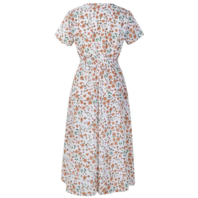 Robe Midi à Floral en Col V et Manches Courtes