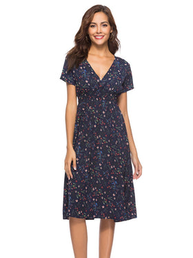 Robe Midi à Floral en Col V et Manches Courtes