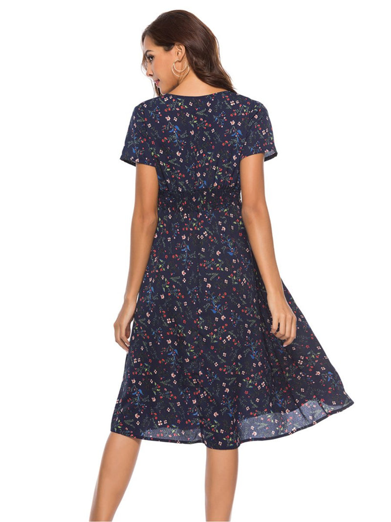 Robe Midi à Floral en Col V et Manches Courtes