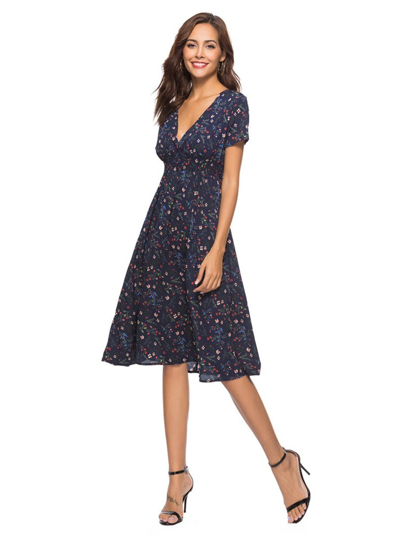 Robe Midi à Floral en Col V et Manches Courtes