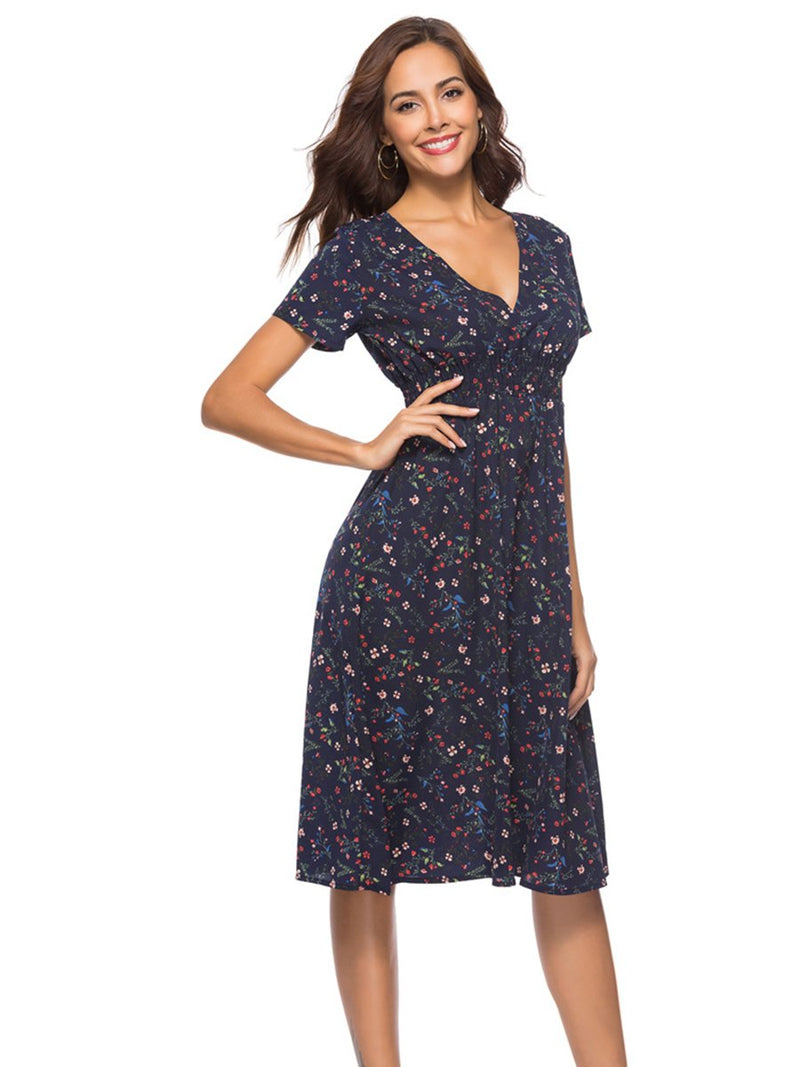 Robe Midi à Floral en Col V et Manches Courtes