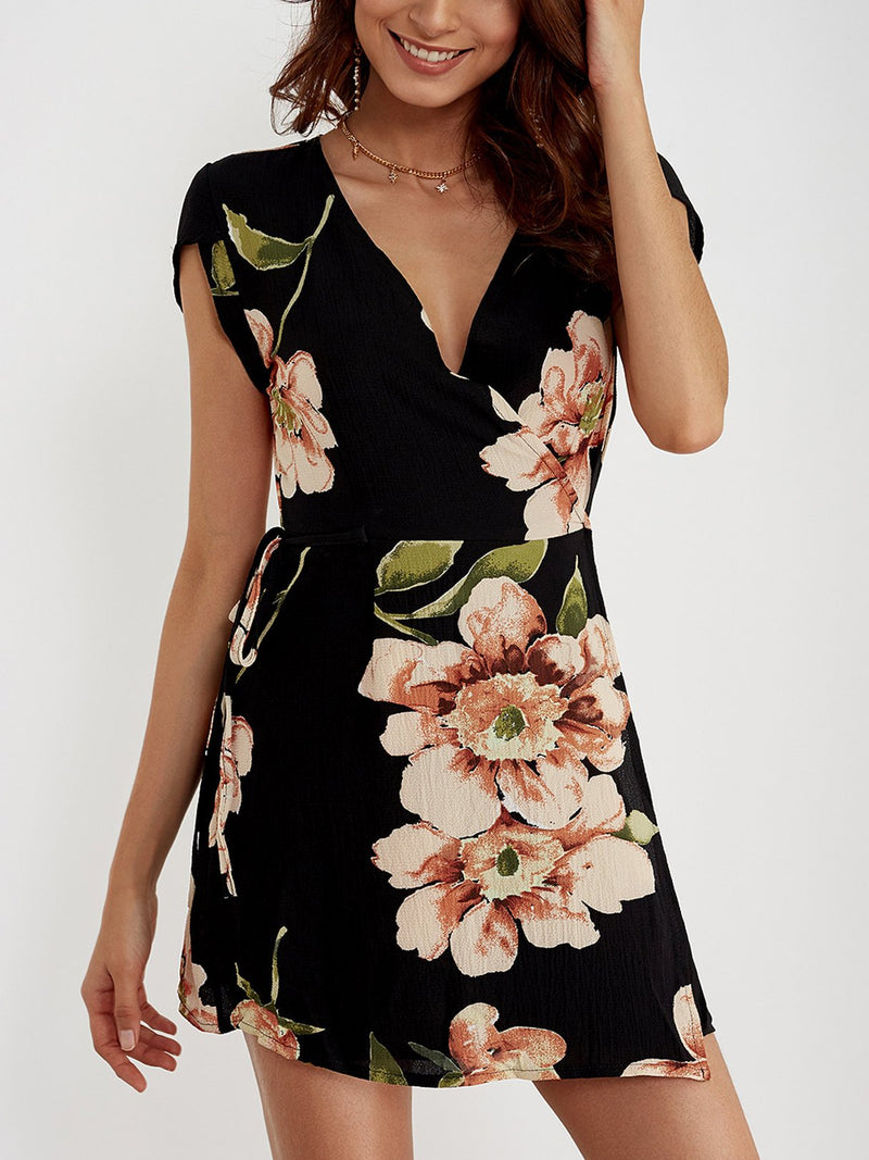 Robe À Encolure En V À Imprimée Floral Aléatoire