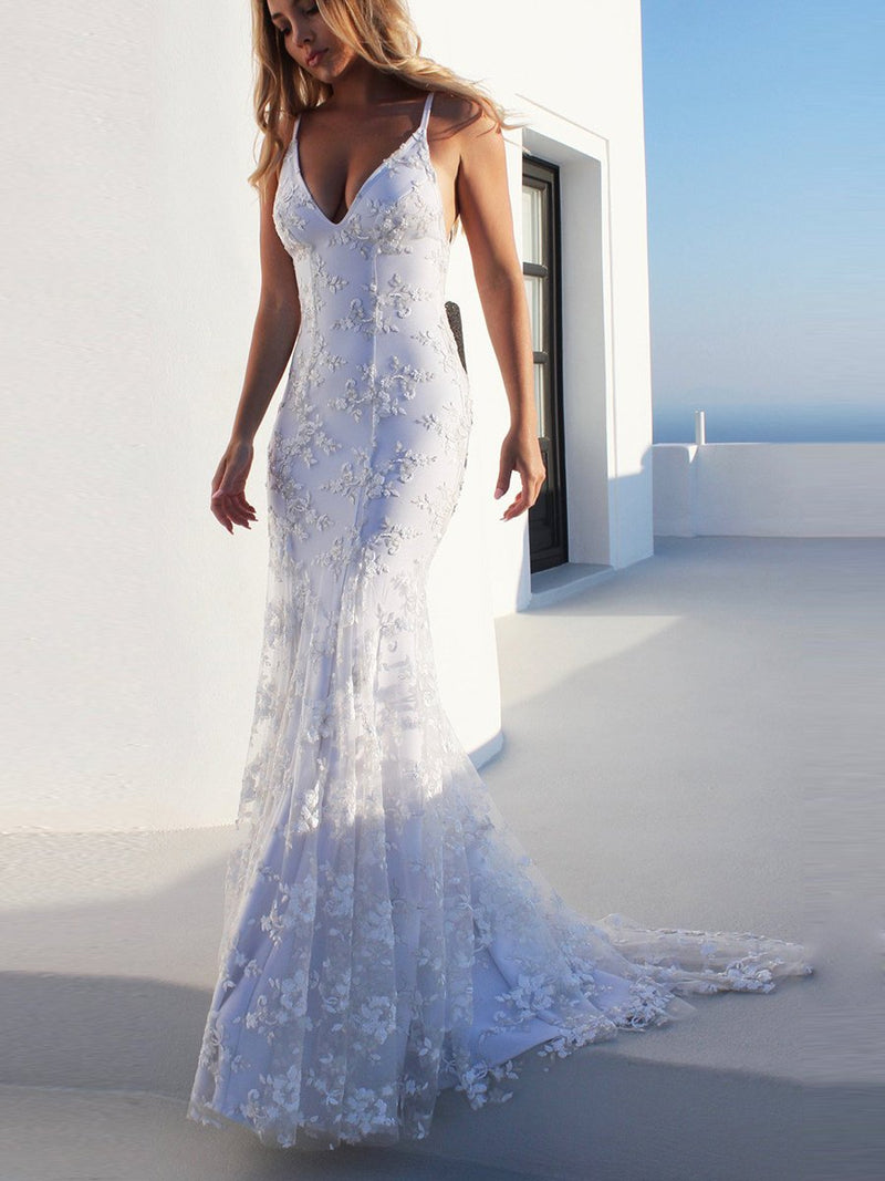 Robe Longue de Mariée en Mousseline de Soie Bretelles Spaghetti et Col V