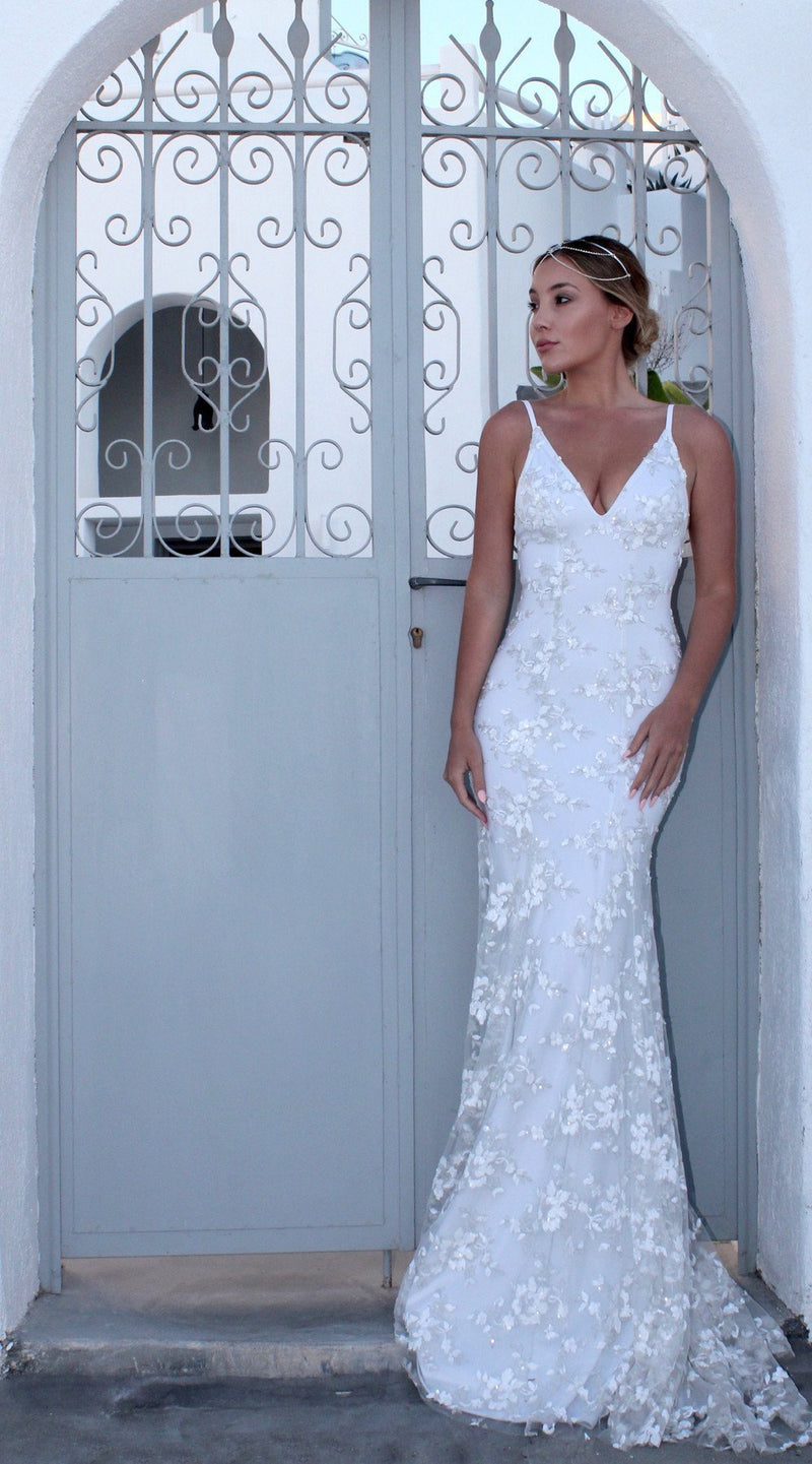 Robe Longue de Mariée en Mousseline de Soie Bretelles Spaghetti et Col V