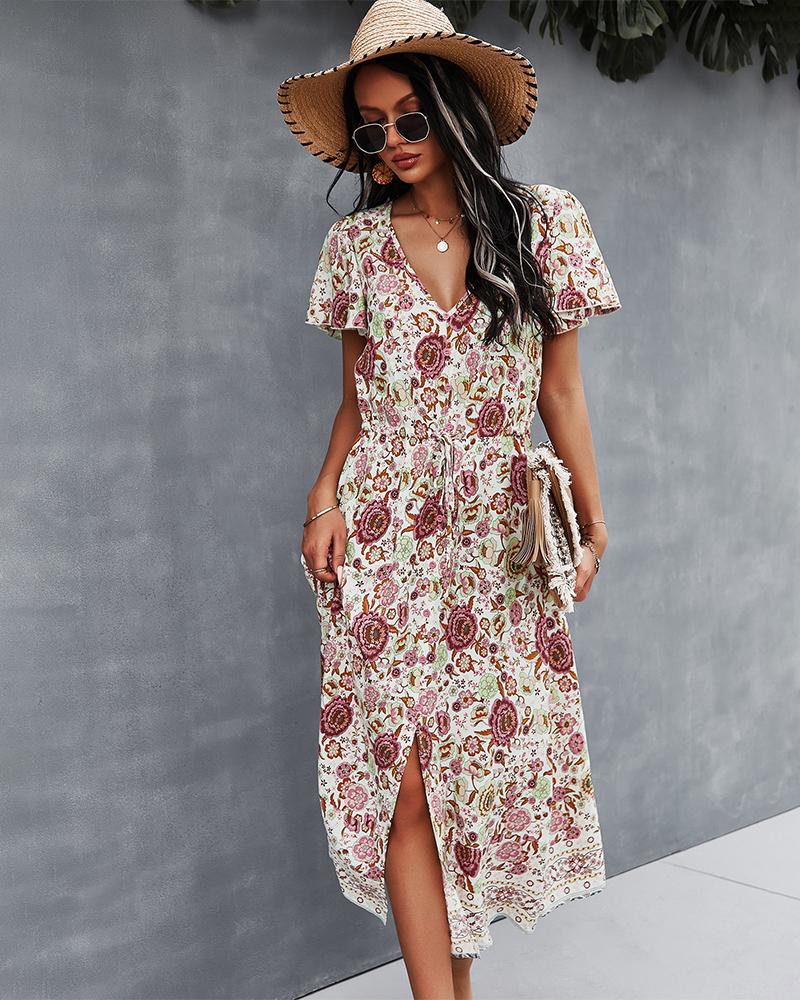 Robe Longue Floral Manches Courtes en Col V