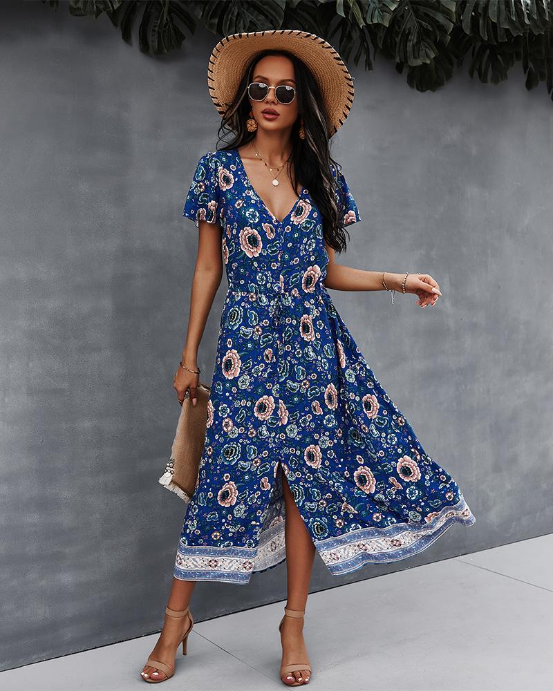 Robe Longue Floral Manches Courtes en Col V