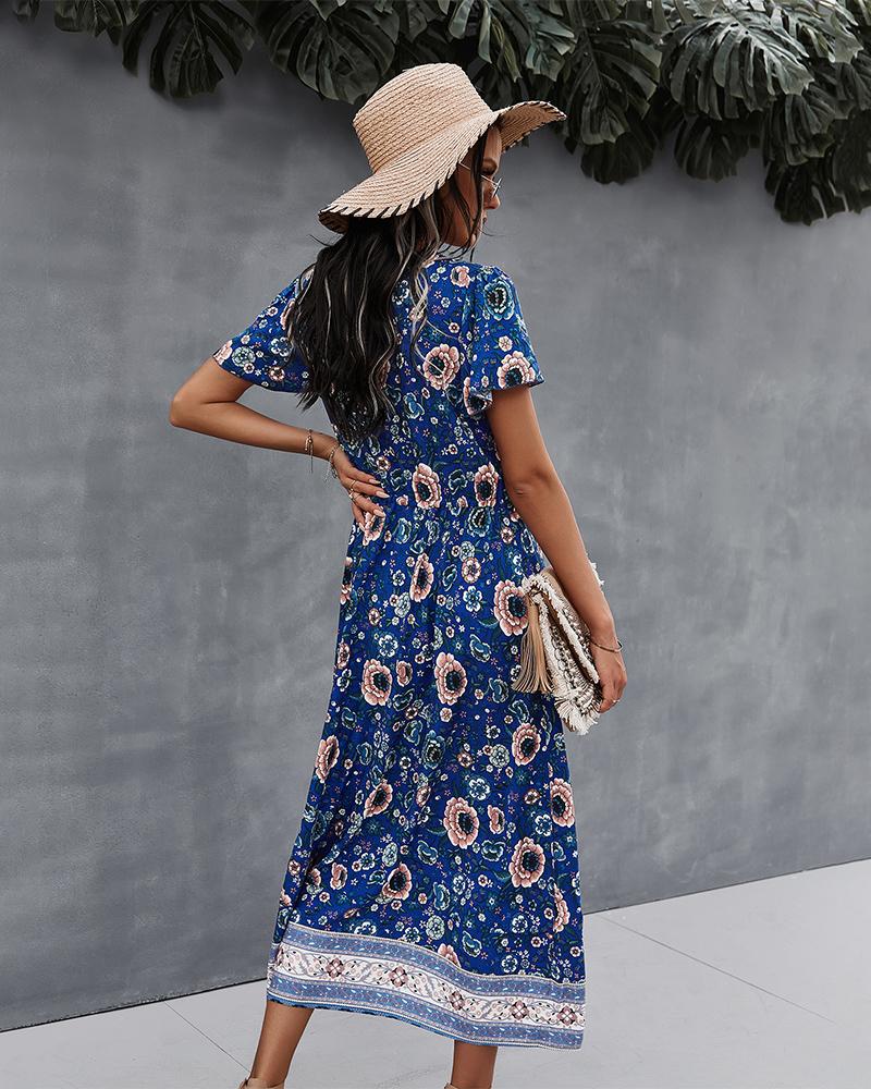 Robe Longue Floral Manches Courtes en Col V