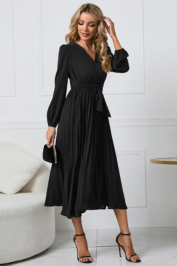 Cristina Flowy Belt Wrap Pleated Midi Dress