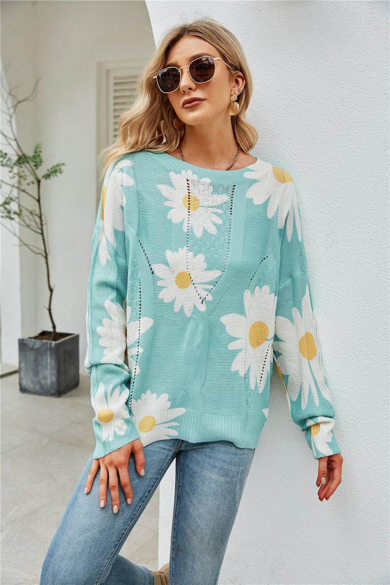 Pull Décontracté Col Rond Manches Longues Imprimé Floral