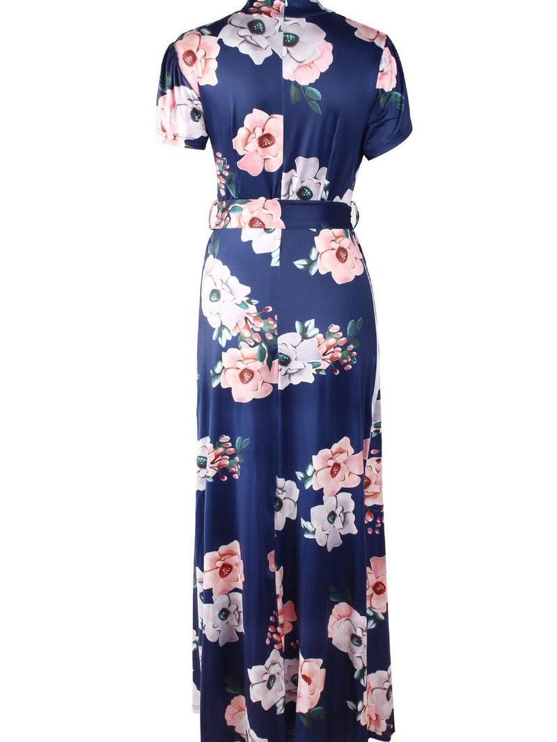 Robe Maxi à Col Rond et Manches Courtes Imprimé Floral avec Ceinture