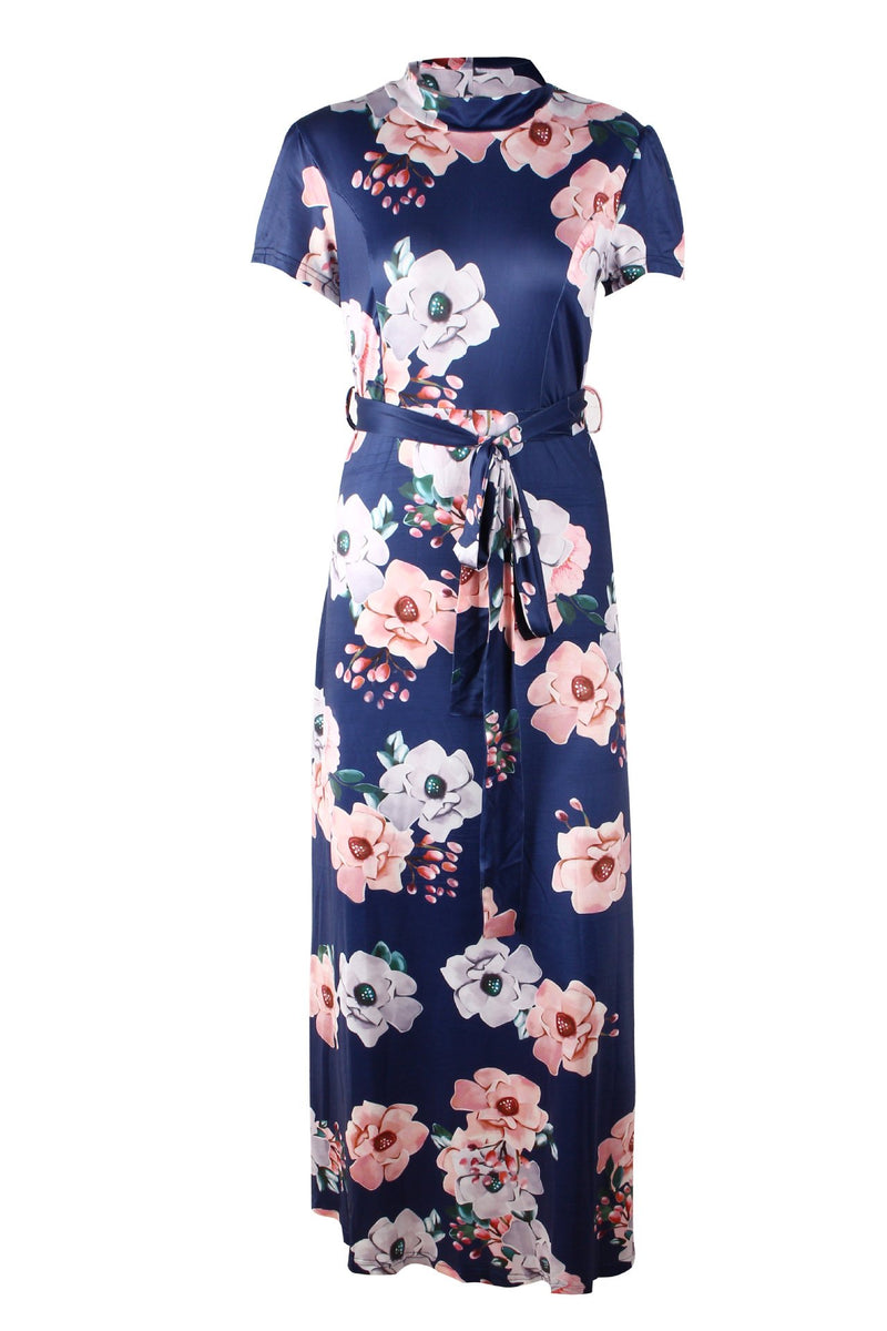 Robe Maxi à Col Rond et Manches Courtes Imprimé Floral avec Ceinture