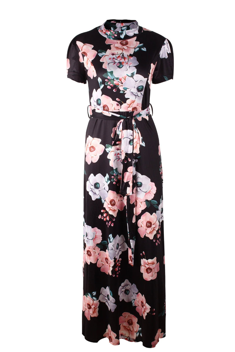 Robe Maxi à Col Rond et Manches Courtes Imprimé Floral avec Ceinture