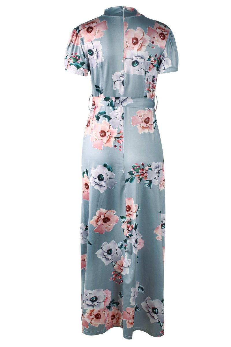 Robe Maxi à Col Rond et Manches Courtes Imprimé Floral avec Ceinture