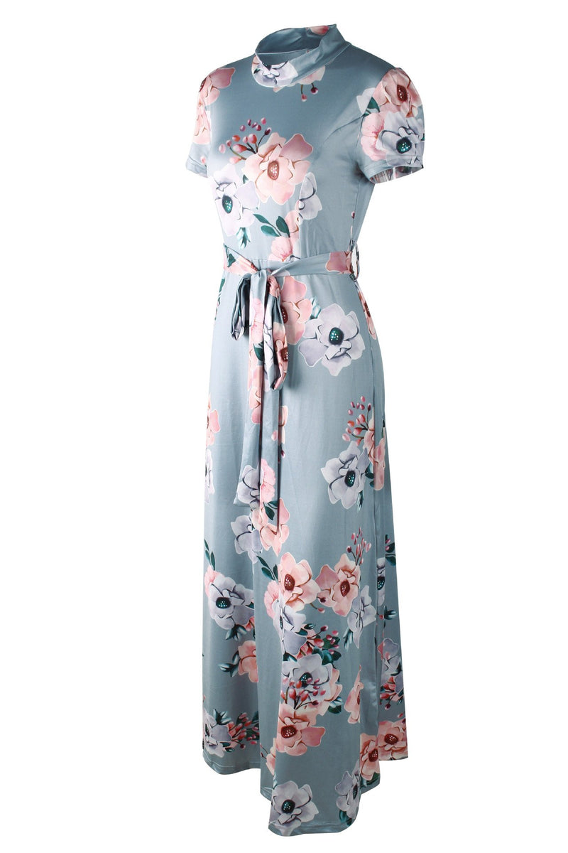 Robe Maxi à Col Rond et Manches Courtes Imprimé Floral avec Ceinture