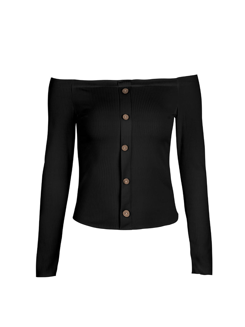 Chemise Slim Noir avec Boutons Epaules Dénudées - CA Mode