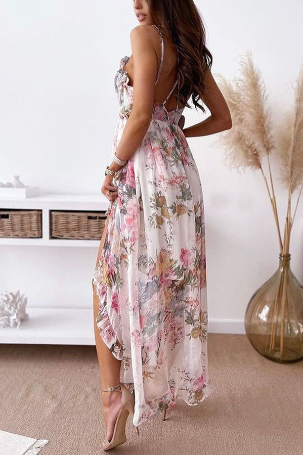 Robe Midi Haute Basse Floral à Bretelles Spaghetti Col en V