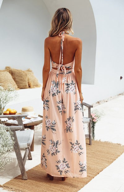 Maxi Robe Floral à Col en V et à Bretelles