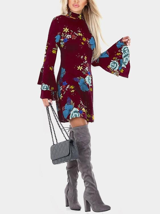 Random Floral Print Perkins Collar Flared Sleeves Mini Dress