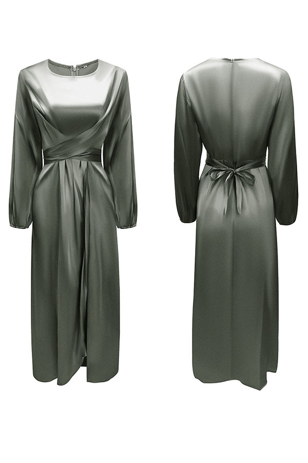 Longue Robe en Satin Taille Torsadée Manches Longues