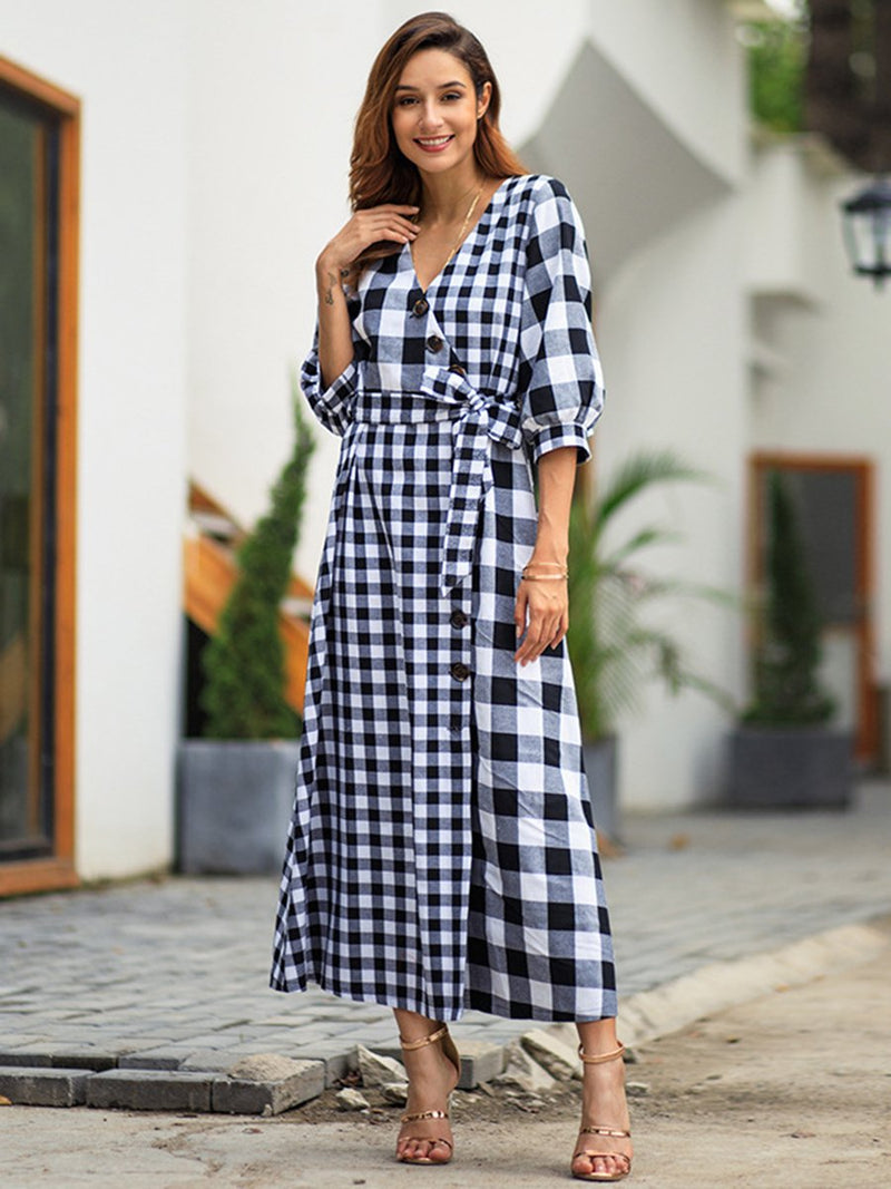 Robe Longue à 3/4 Manches et Col en V Motif Plaid